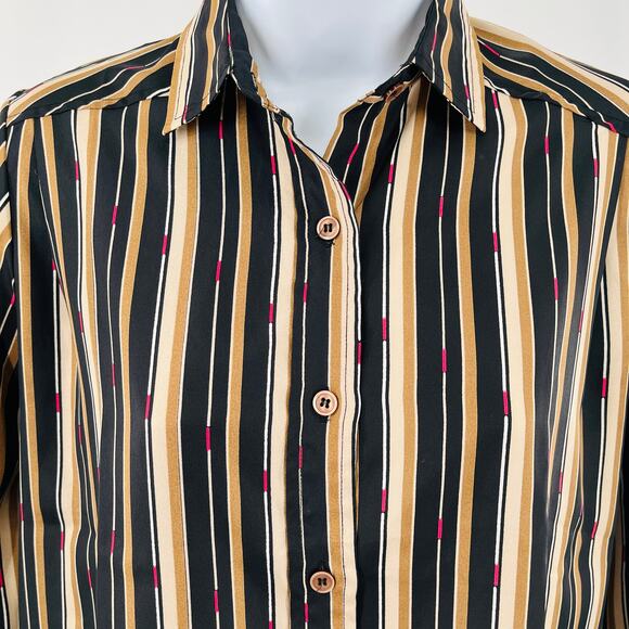Evan Picone Tan Black Striped Silk Long Sleeve Button Down Top Blouse 3/4 XS - Picture 4 of 9